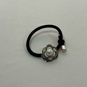Camellia Flower Black Hair Tie with Gold Flower and Pearl Accent